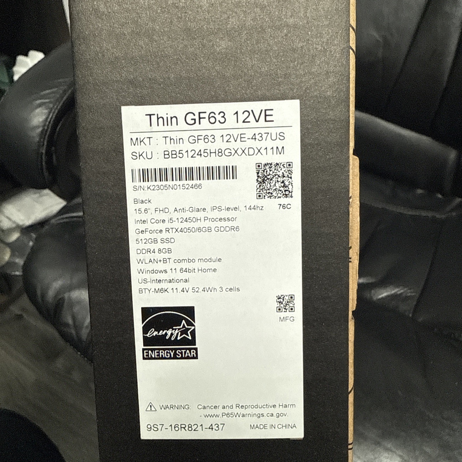 Gaming Laptop Thin MSI GF63 12VE 15.6″ Intel i5-12450H GeForcRTX 4050 8GB 512SSD