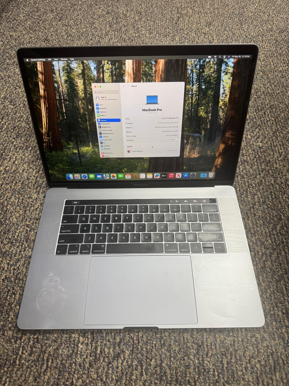2018 Apple Macbook Pro 15″  Touch Bar i7 2.2ghz – SERVICE BATTERY, STICKERS