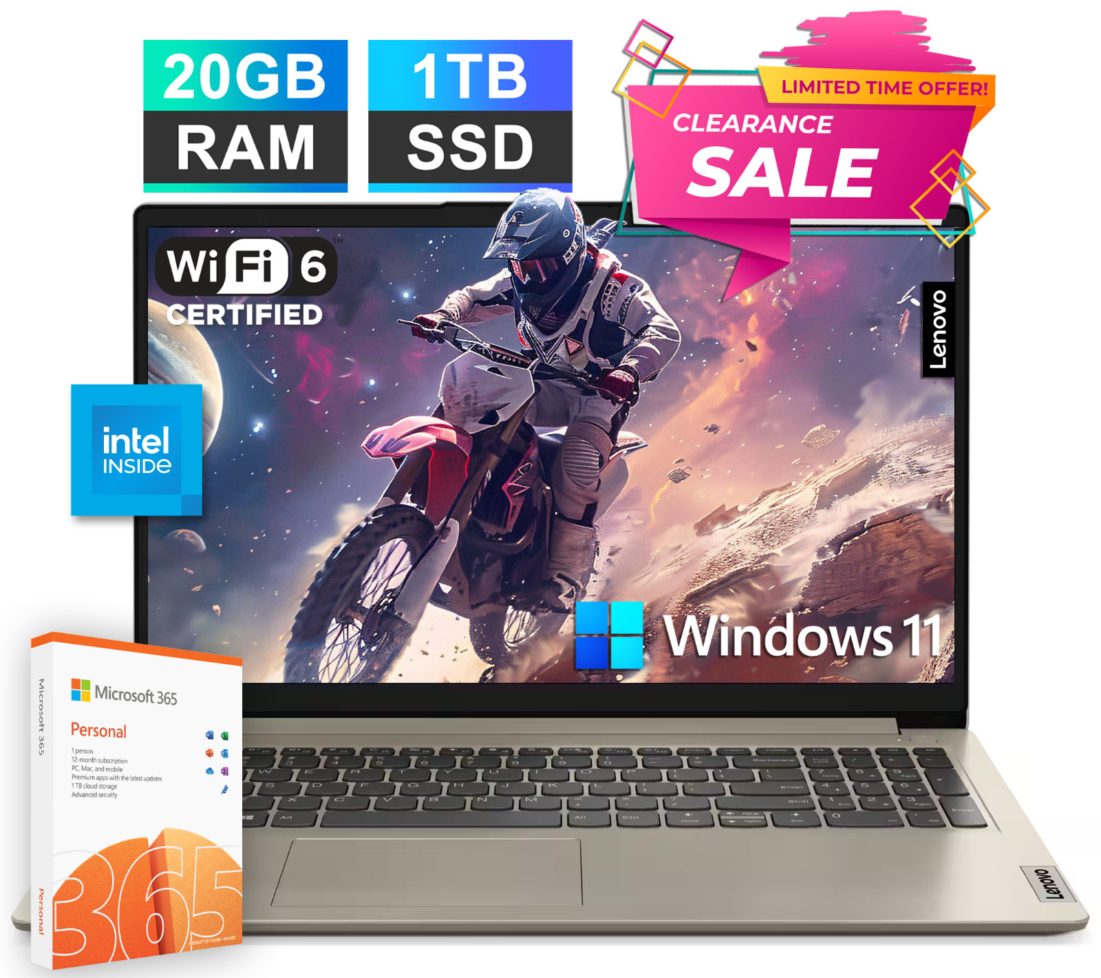 2025 Lenovo IdeaPad Laptop 15.6″ 1-Yr MS 365 Intel Dual-Core 20GB RAM & 1TB SSD