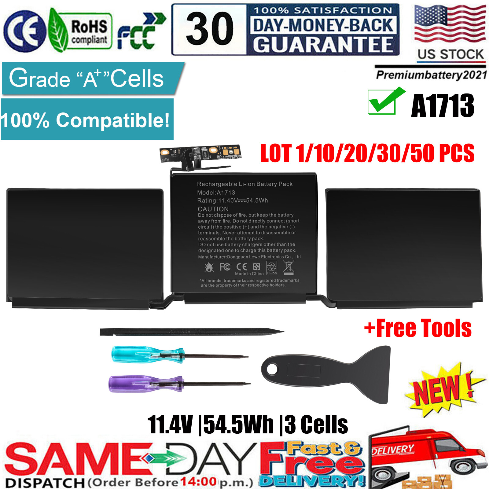 LOT A1713 A1708 Battery for MacBook Pro 13 inch Late 2016 Mid 2017 EMC 2978 3164