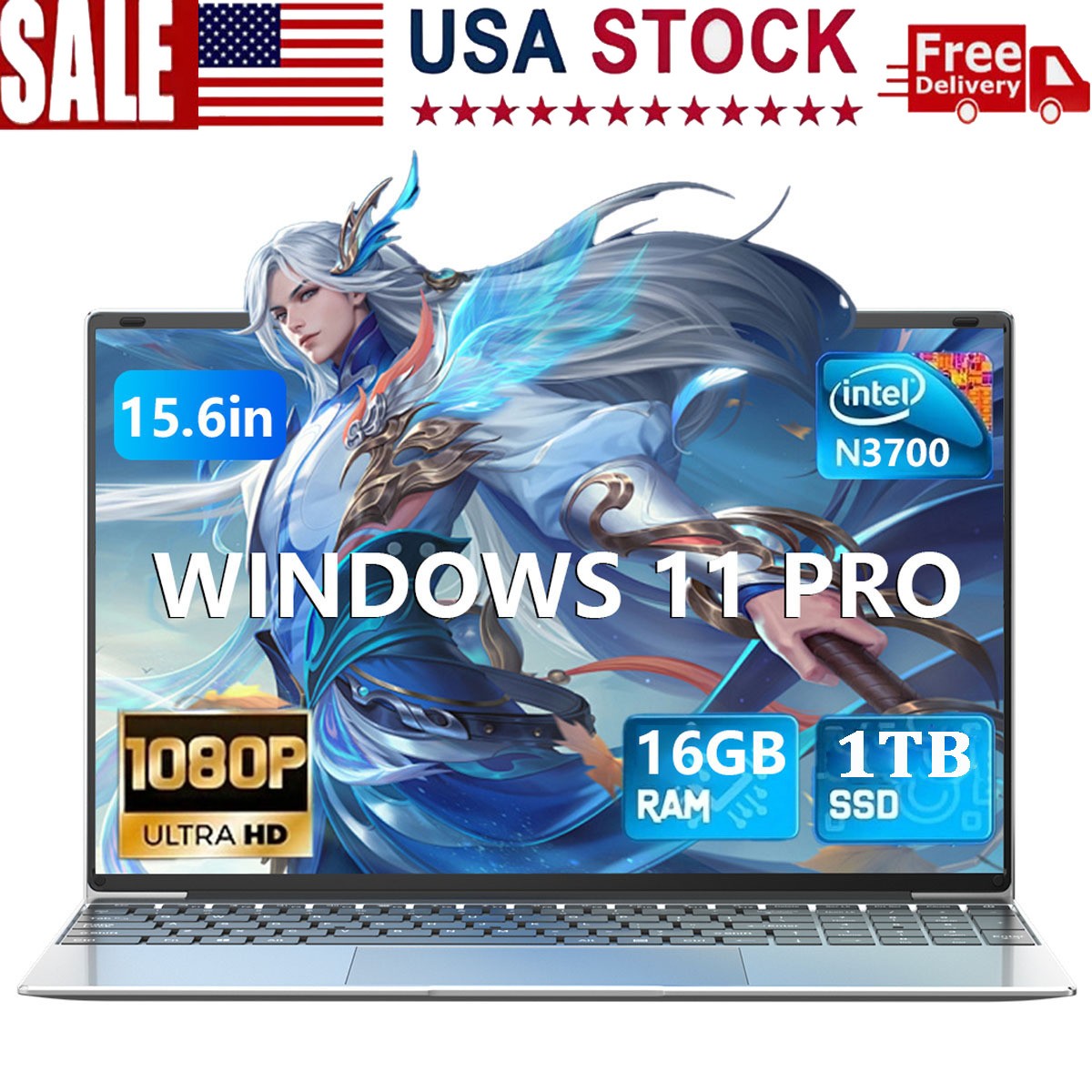 Laptop 15.6in Intel Celeron N3700 2.4GHz 16GB RAM 1024GB SSD Notebook Windows 11