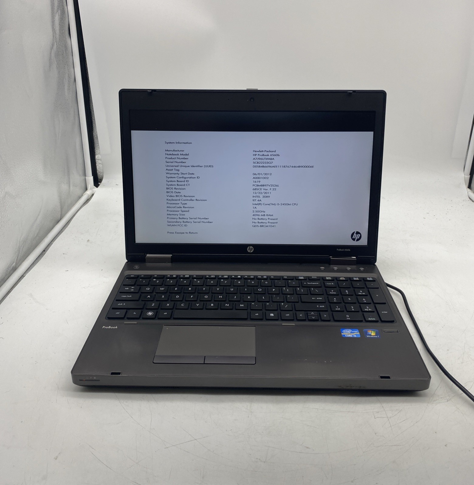 HP ProBook 6560B Laptop Intel Core i5-2450M 2.5GHz 4GB RAM NO HDD