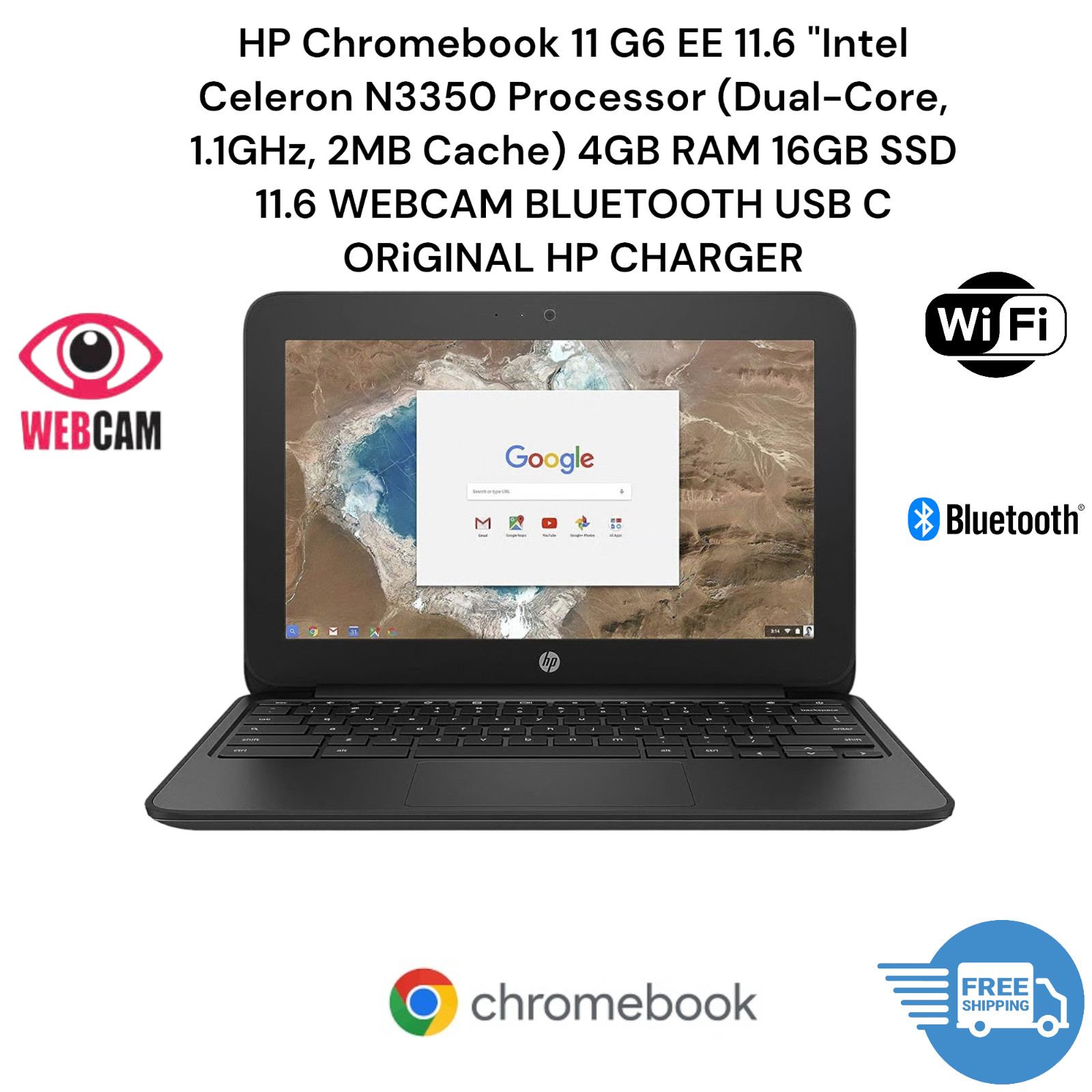 HP Chromebook 11 G6 11.6″ Intel 2.40 GHz 4 GB RAM 16 GB eMMC Bluetooth Webcam SD