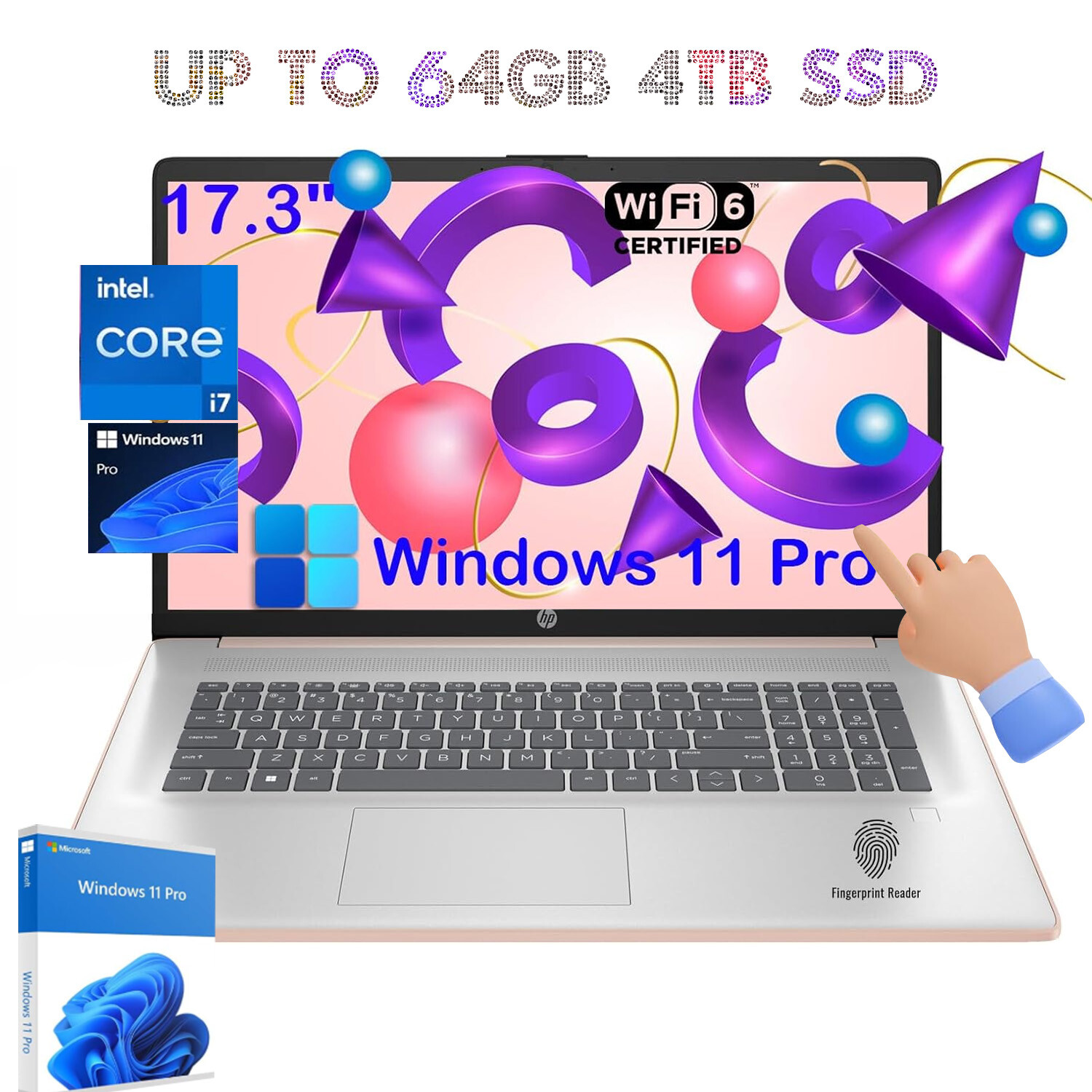 HP 17.3″Touch Laptop,10-Core i7-1355U 5GHZ,Up To 64GB 4TB SSD+Win 11 Pro Gold