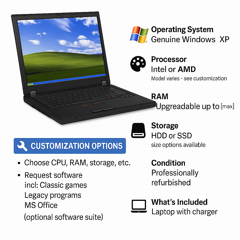 💻 Customizable Windows XP Laptop – Classic OS, Modern Convenience! 🔧