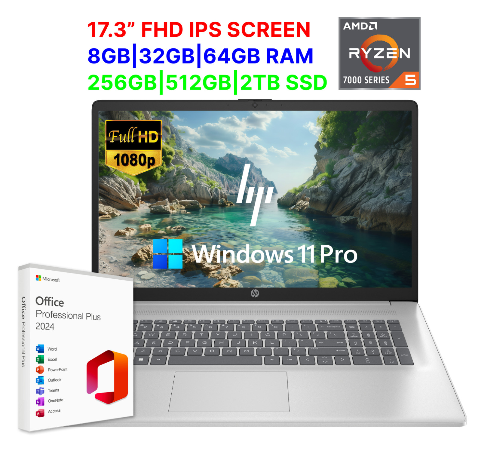 2025 HP Laptop Computer 17.3″ FHD 6-Core Ryzen 5 Upto 64GB RAM 2TB SSD Win Pro