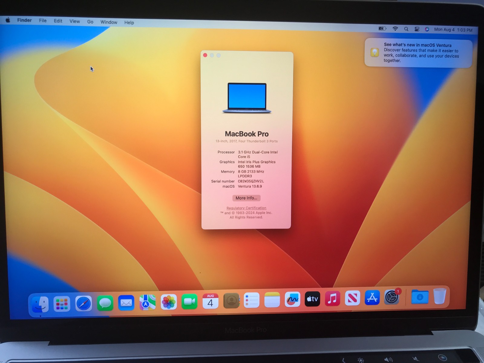 Apple MacBook Pro 13”  i5 3.1GHz 8GB 256GB A1706 Gray 2017 Service Battery #377