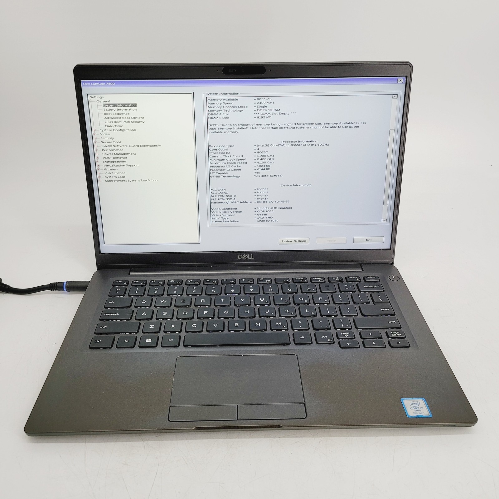 Dell Latitude 7400 Core i5 8365U 1.6GHz 8GB RAM No HDD 14″ ***Boot to Bios