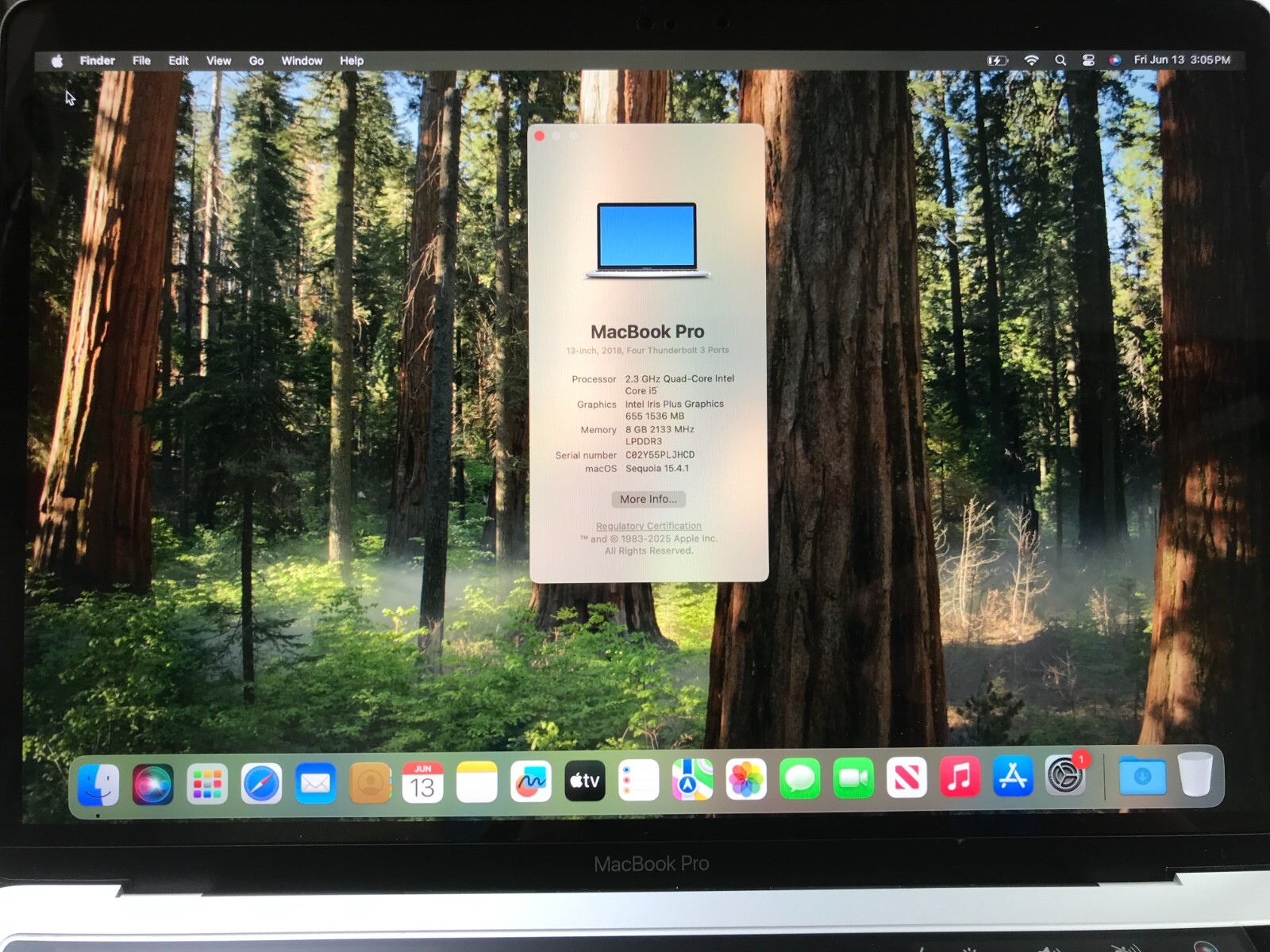 Apple MacBook Pro 13.3” A1989 I5 8GB 256GB Silver 2018  Service Battery#104