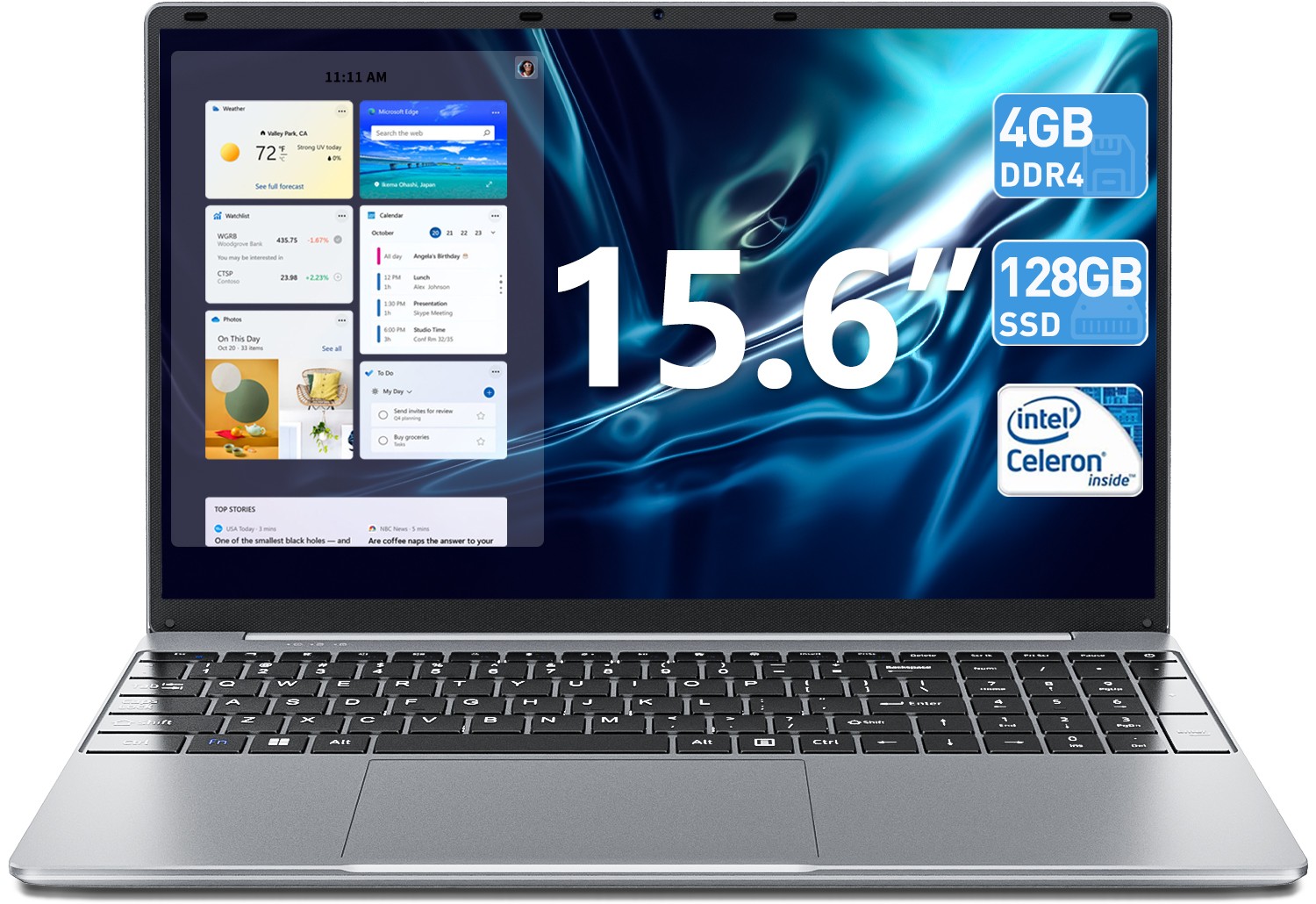 SGIN 15.6 Inch Laptop IPS Full HD Computer 4GB RAM 128GB SSD Notebook Quad-core