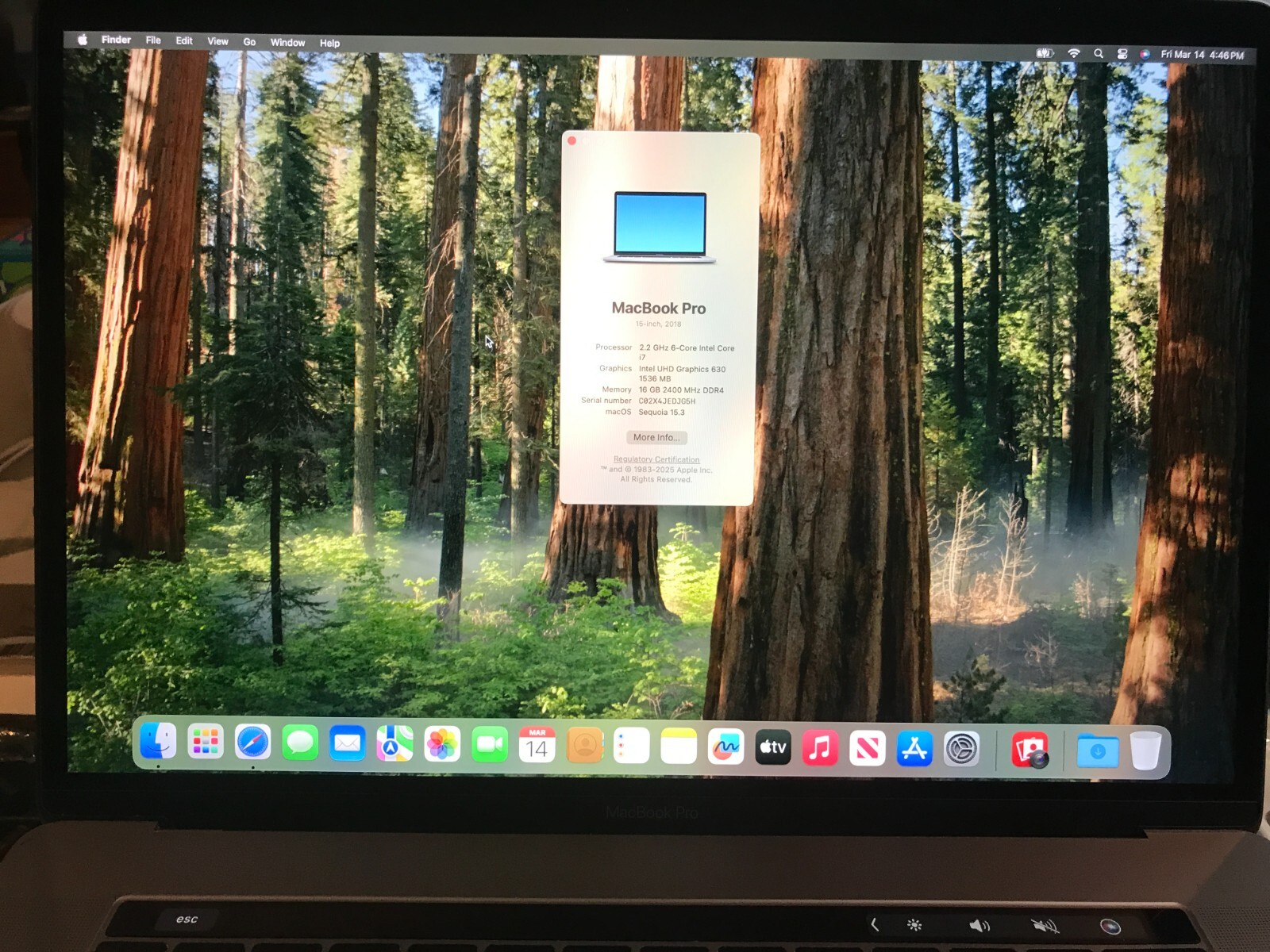 Apple MacBook Pro A1990 15.4 2018 i7 2.2GHz 16GB 256GB Gray Service Battery #178