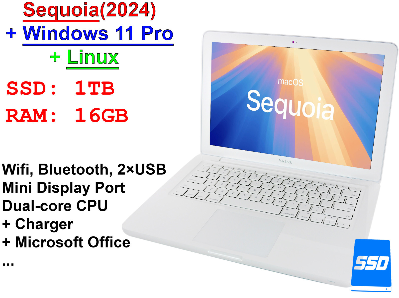 Macbook 13.3 inch 16GB 1TGB SSD Apple Sequoia Windows 11 Linux Office
