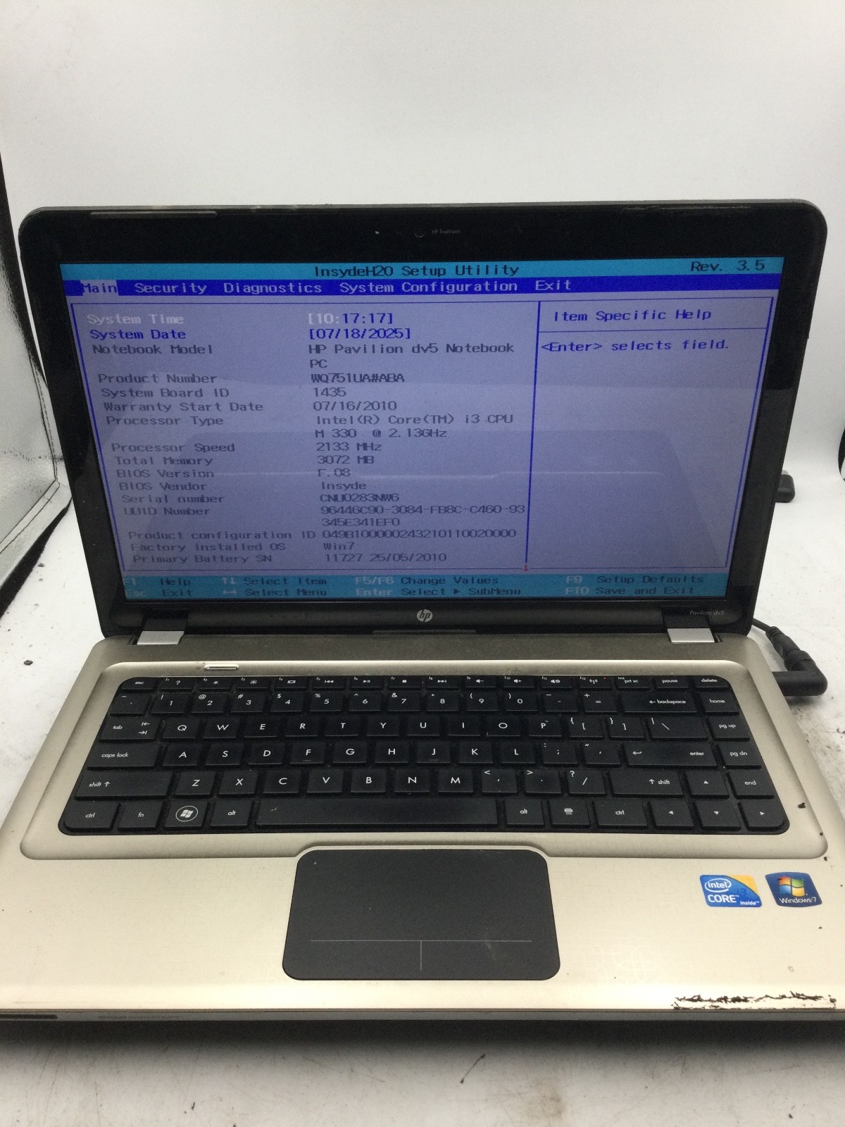 HP PAVILION NOTEBOOK DV5 – BOOTS TO BIOS – INTEL I3 M330 – 3GB RAM -READ DESC-BB