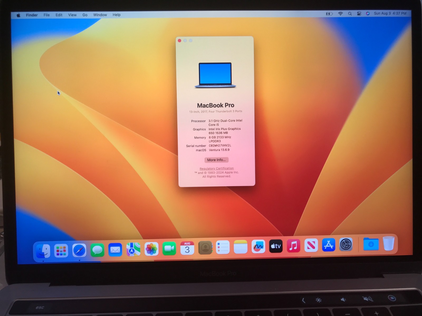 Apple MacBook Pro 13”  i5 3.1GHz 8GB 256GB A1706 Gray 2017 Bad Battery #369