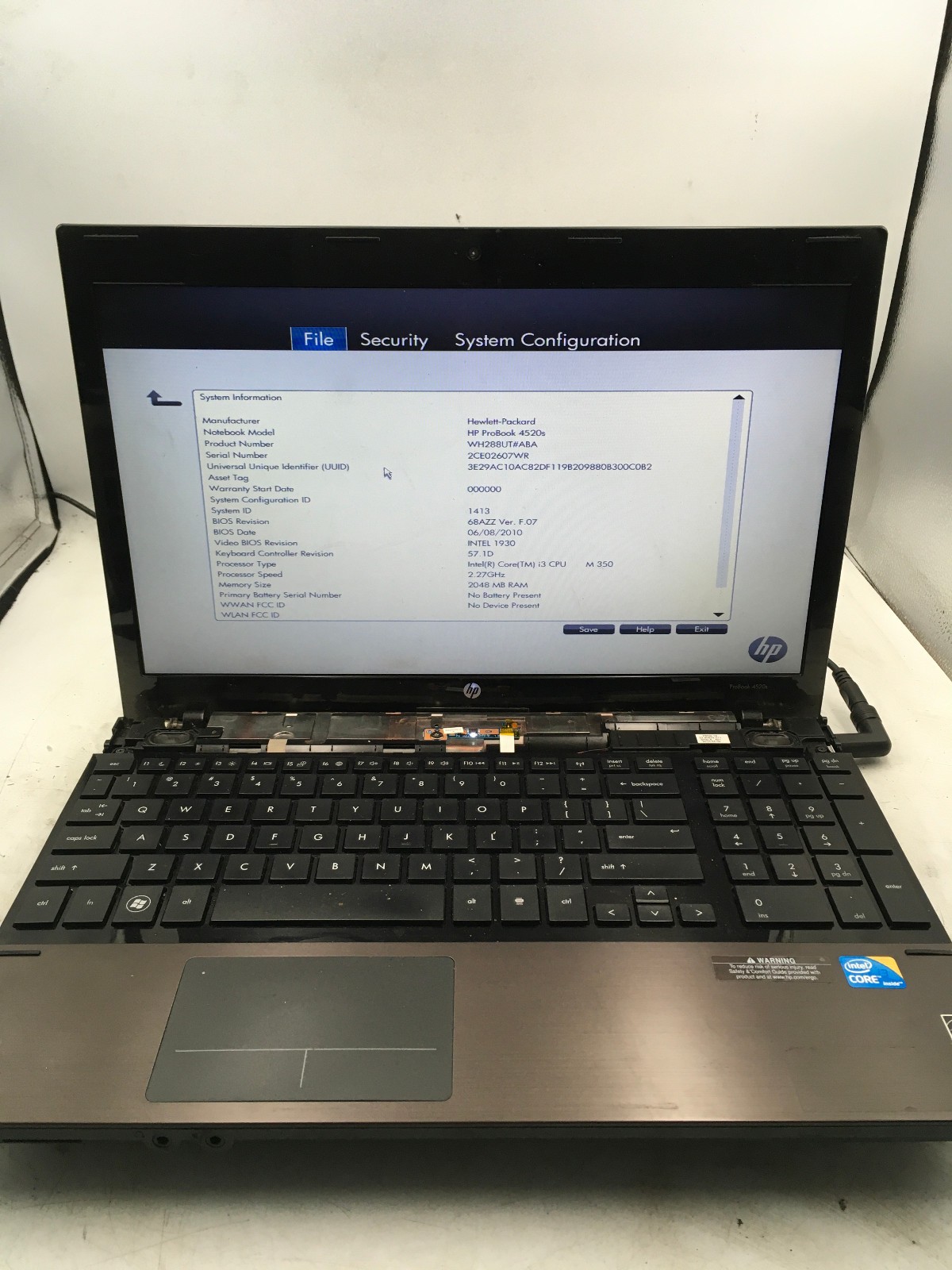 HP PROBOOK 4520S – BOOTS TO BIOS – INTEL I3 M350 – 2GB RAM – 15″ – READ DESC -BB