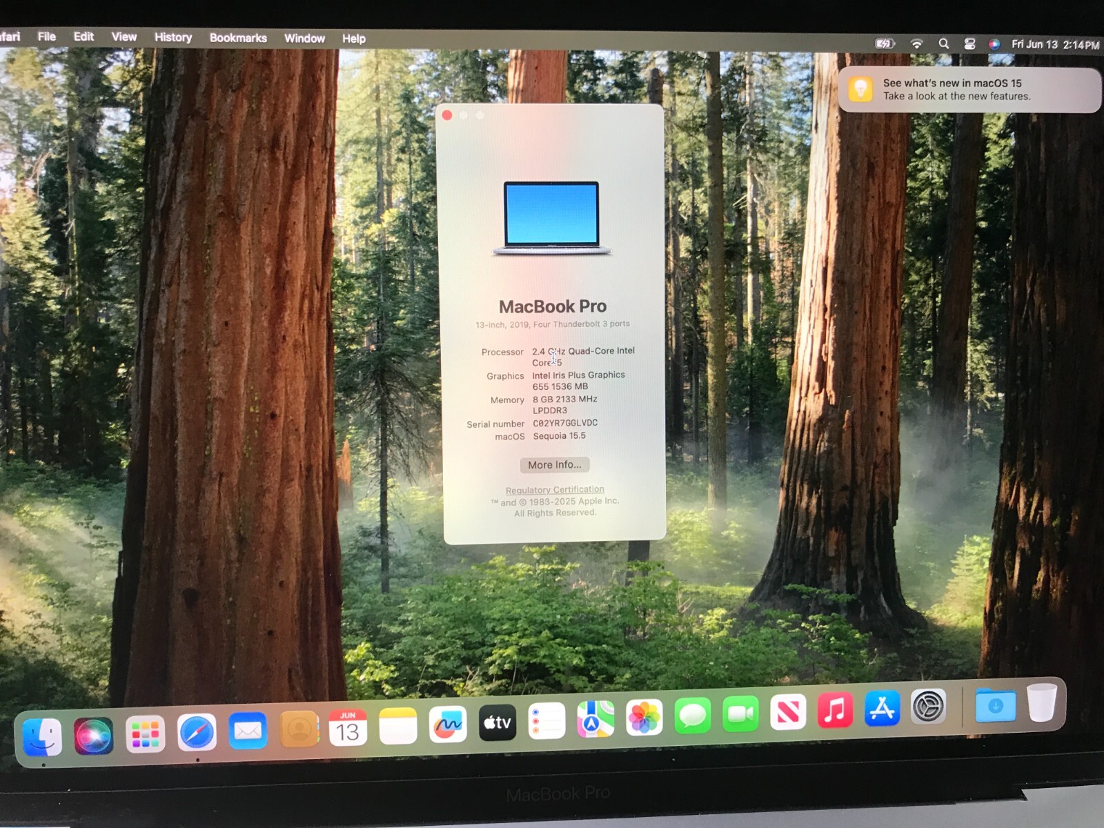 Apple MacBook Pro 13″ A1989 2019  i5 2.4Ghz 8GB 256GB Gray Service Battery #589