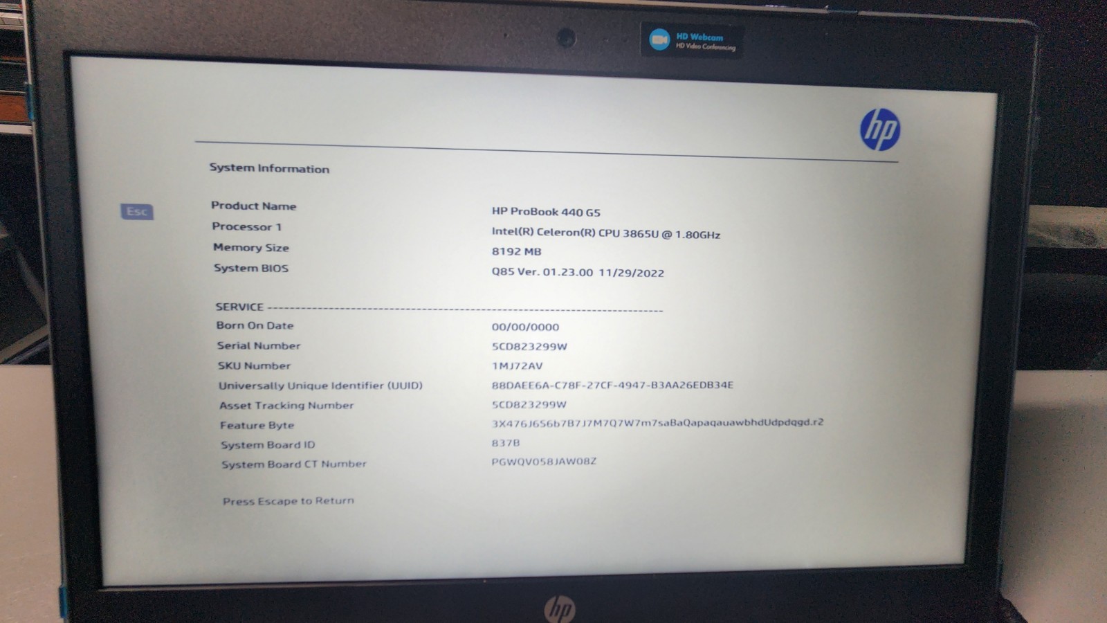 Silver HP 440 G5 14″ Laptop Celeron 3865U @1.8GHz, 8BG Ram