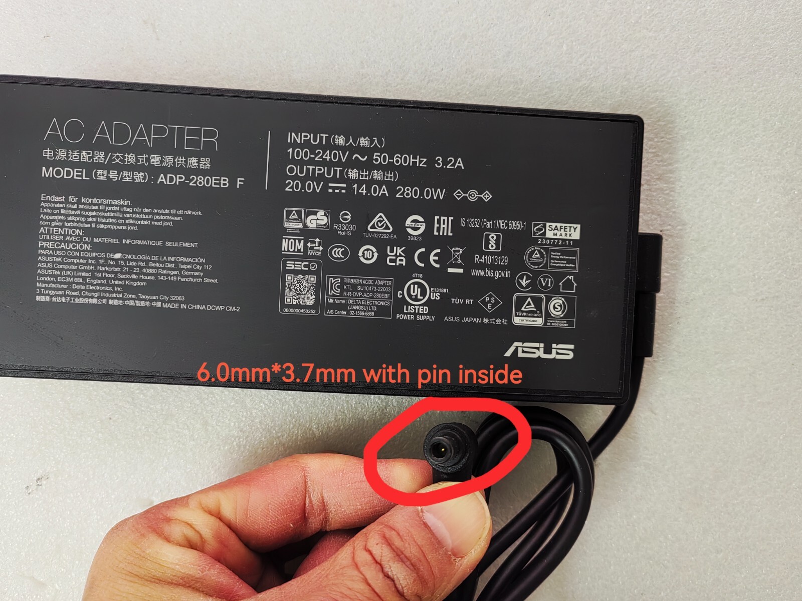 For ASUS TUF Gaming A16(2024) FX607JI 20V 14A ADP-280EB F ø6.0 280W Adapter OEM