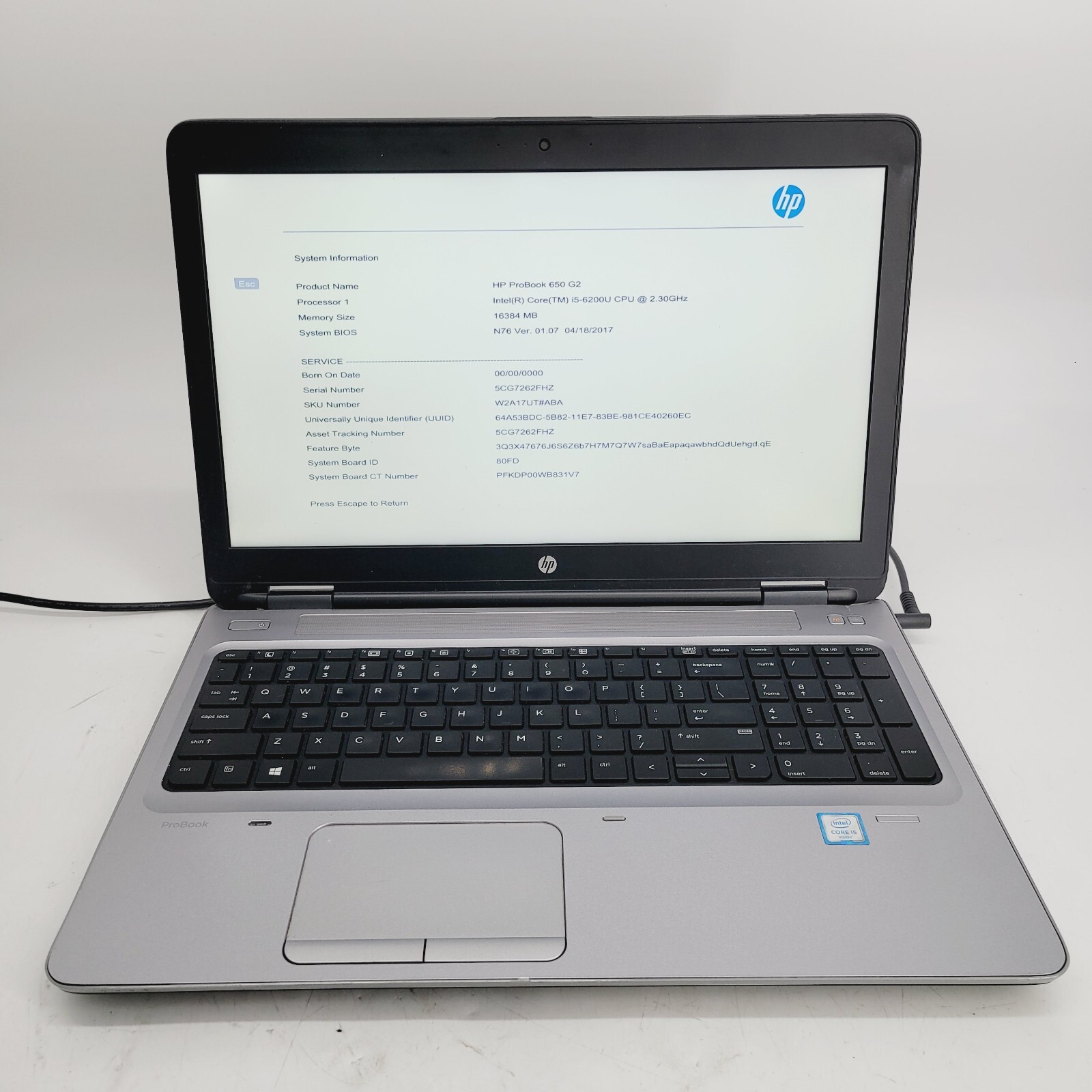 HP ProBook 650 G2 Core i5 6200U 2.3GHz 16GB RAM No HDD 15.6″ – ***BOOT TO BIOS