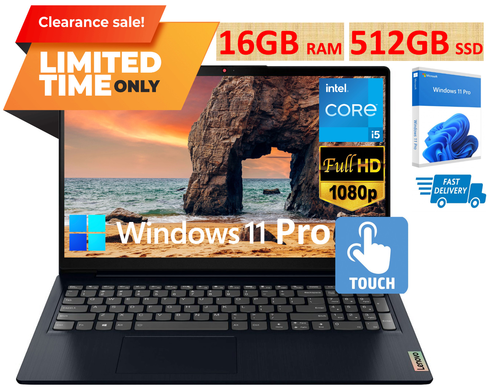 2024 Lenovo Ideapad Laptop 15.6″ FHD Touch Intel i5 16GB RAM & 512GB Win 11 Pro