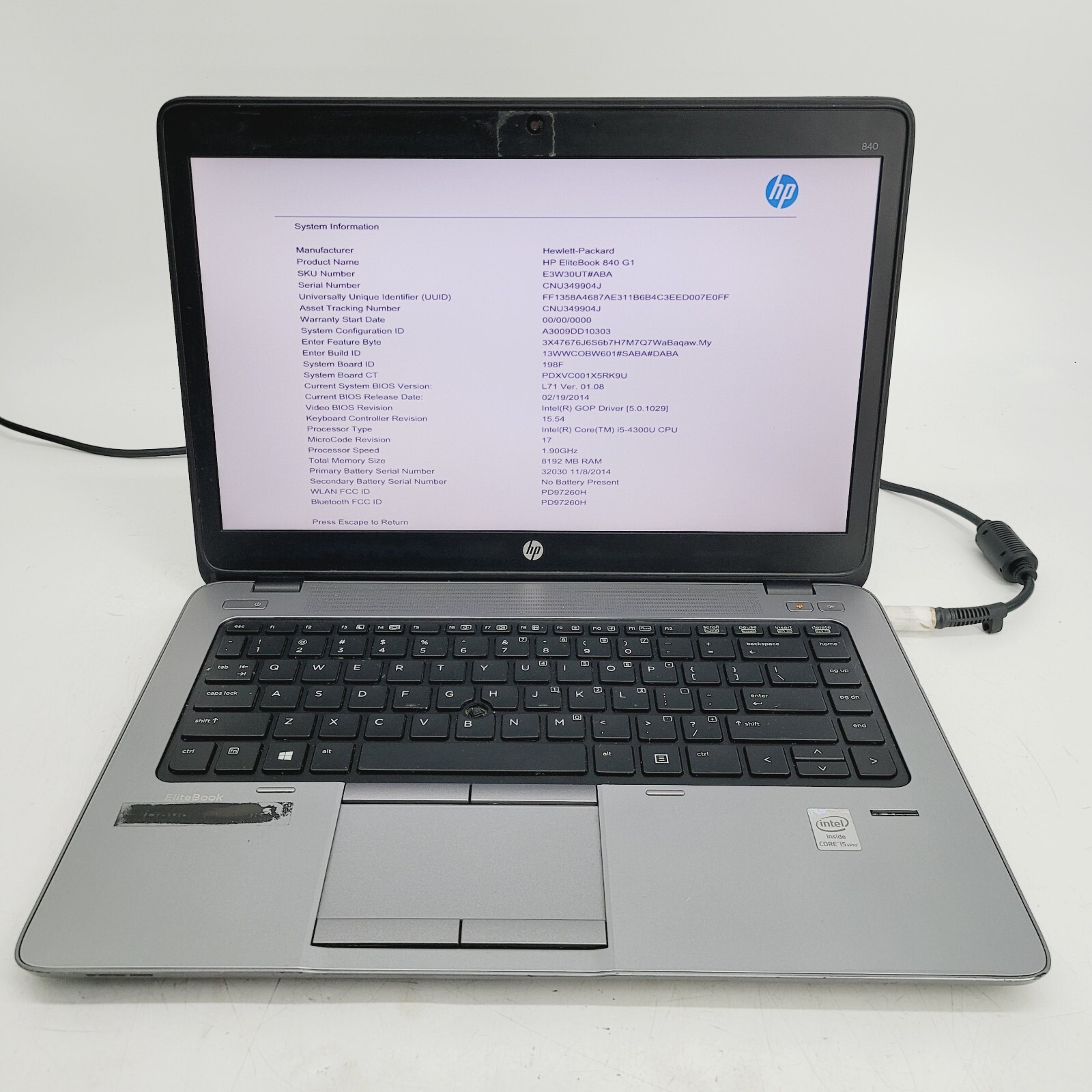 HP EliteBook 840 G1 Core i5-4300U 1.9GHz  8GB RAM 180GB SSD 14″ ***Boot to Bios