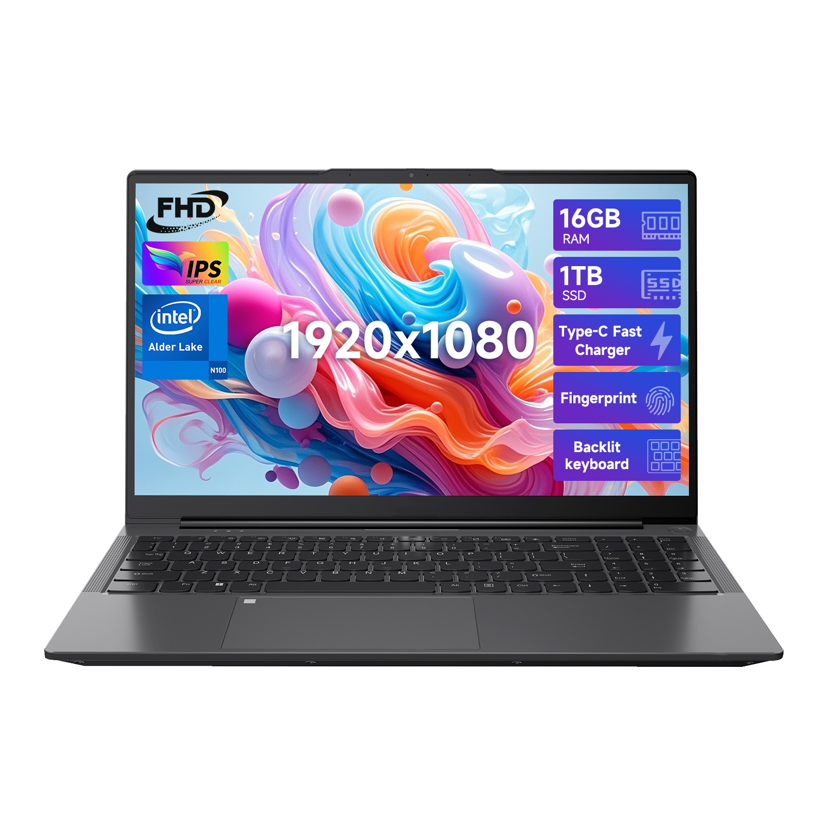 15.6 IPS FHD Laptop 16GB RAM 1TB SSD Intel Quad Core N100 Backlit Kb Fingerprint