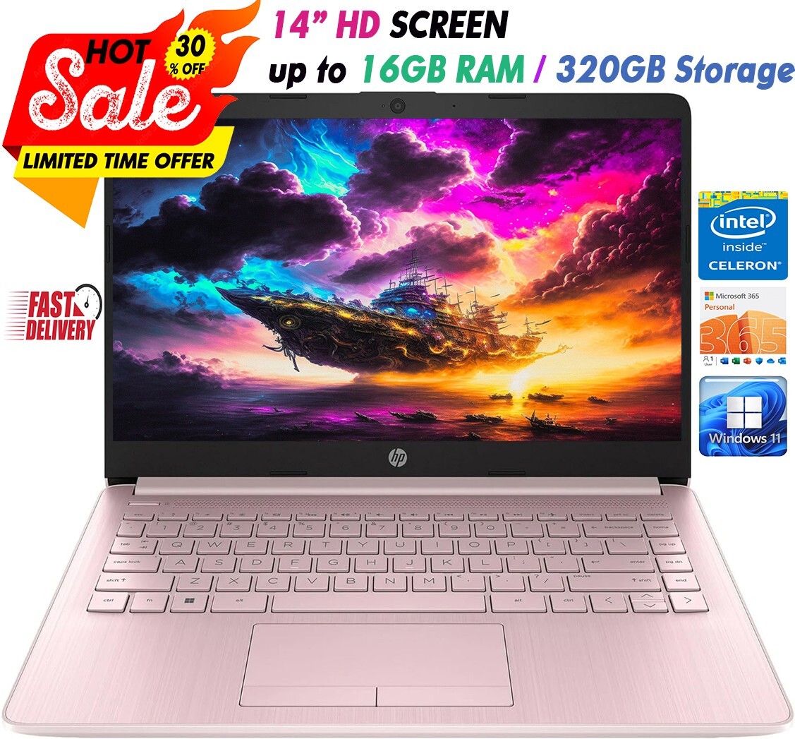 HP Newest Laptop 14″HD Intel 4-Core Up to 16GB RAM & 320GB Storage Win11 Pink