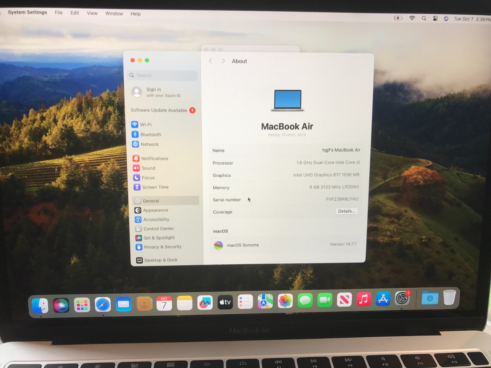 Apple MacBook Air 13″2019 A1932  i5 1.6GHz 8GB 128GB Silver USED Read* #942