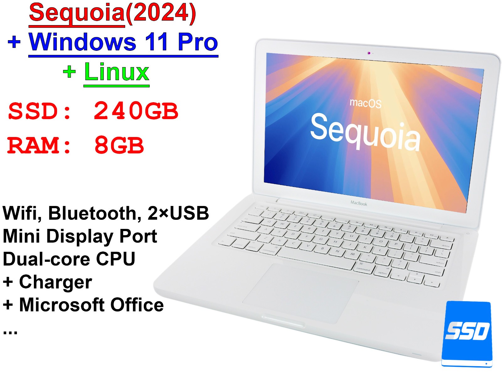 Macbook 13.3 inch 8GB 240GB SSD Apple Sequoia Windows 11 Pro Linux Office