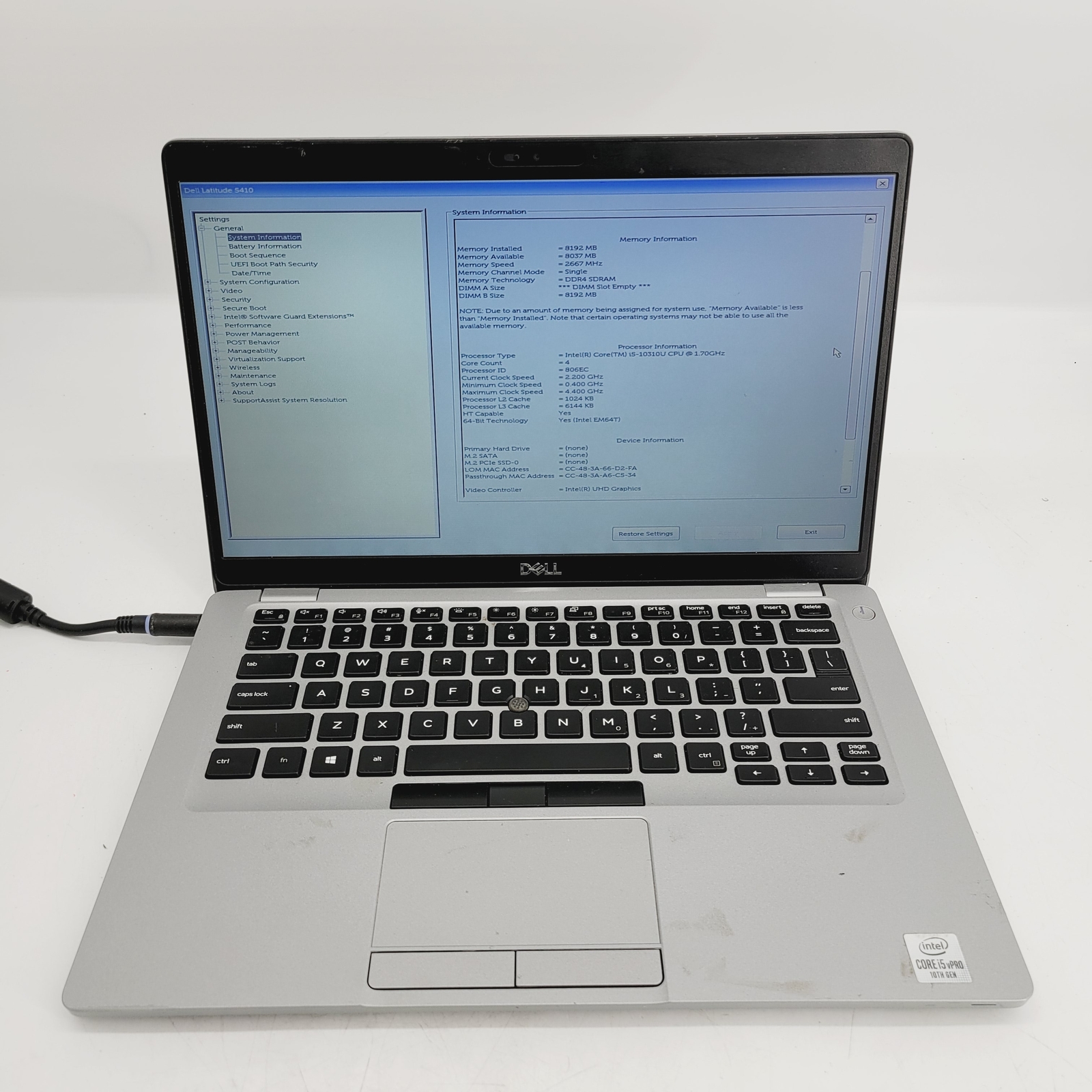 DELL LATITUDE 5410 Core i5 10310U 1.70GHz 8GB RAM No HDD 14″ – ***Boot to Bios