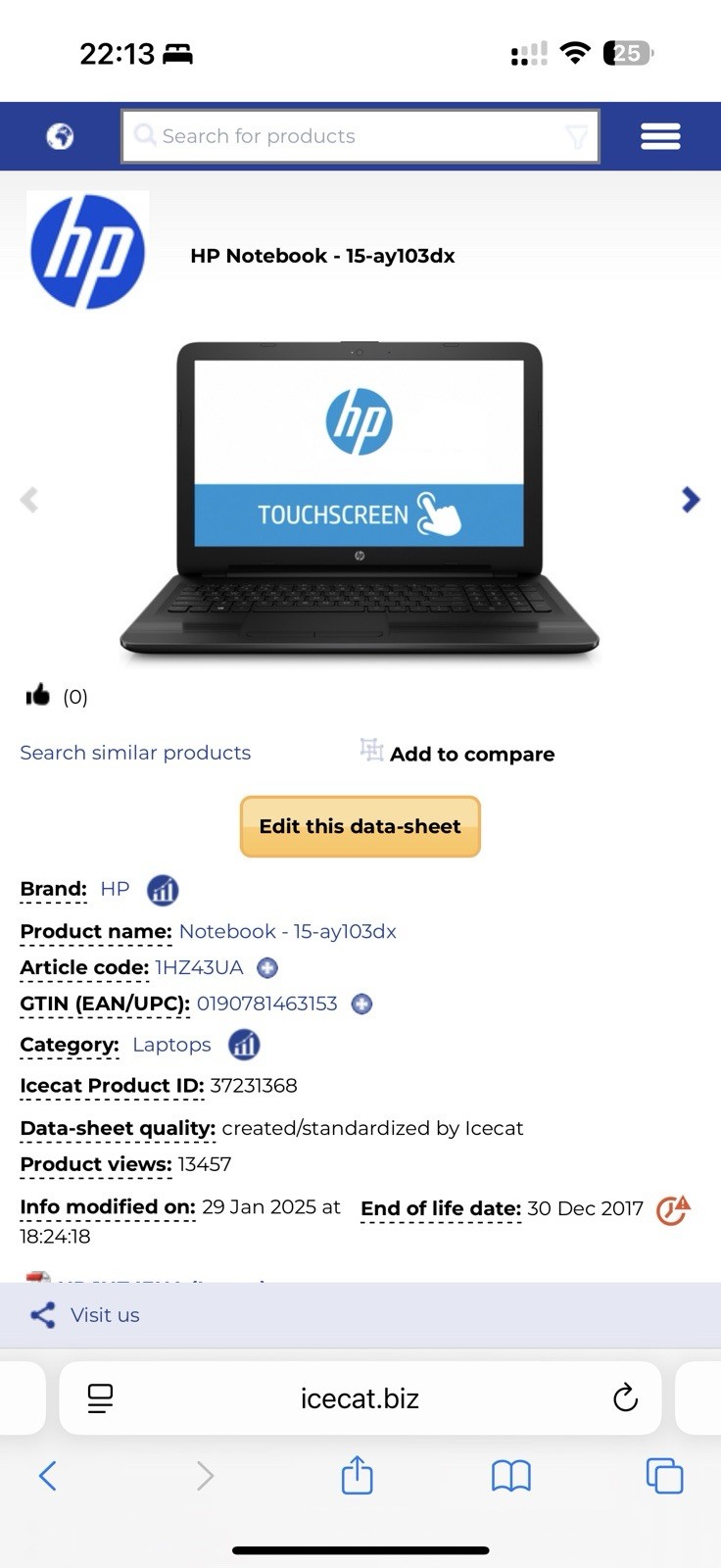 HP Notebook 15-ay103dx Intel Core i5 7200U 2.5 GHz 8 GM RAM 1 TB HDD
