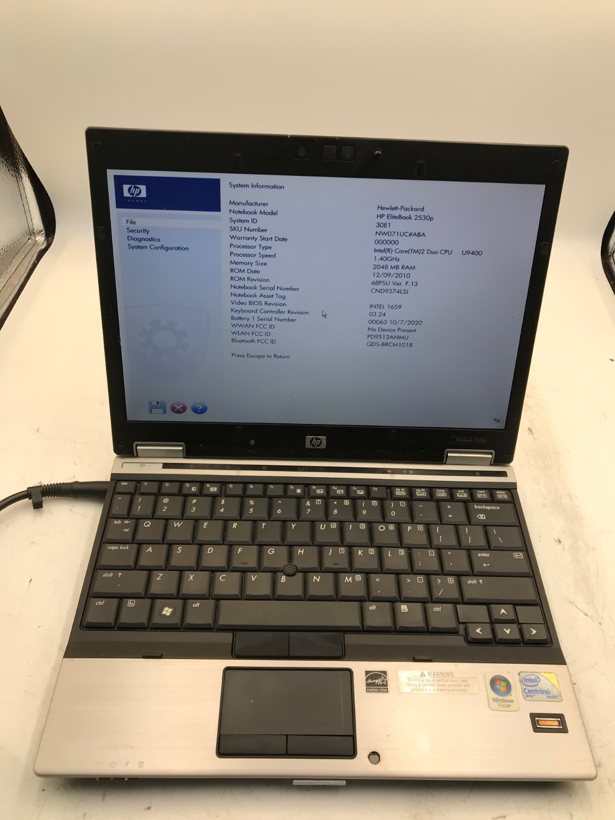 HP EliteBook 2530P Intel Core 2 Duo 12″ 2 GB RAM NO HDD -BOOTS TO BIOS- MZ