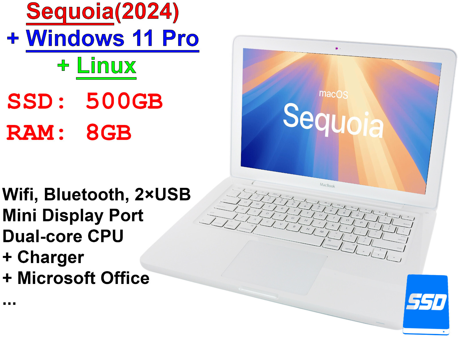 MacBook 8GB 500GB SSD Apple Sequoia Windows 11 Pro Linux Office