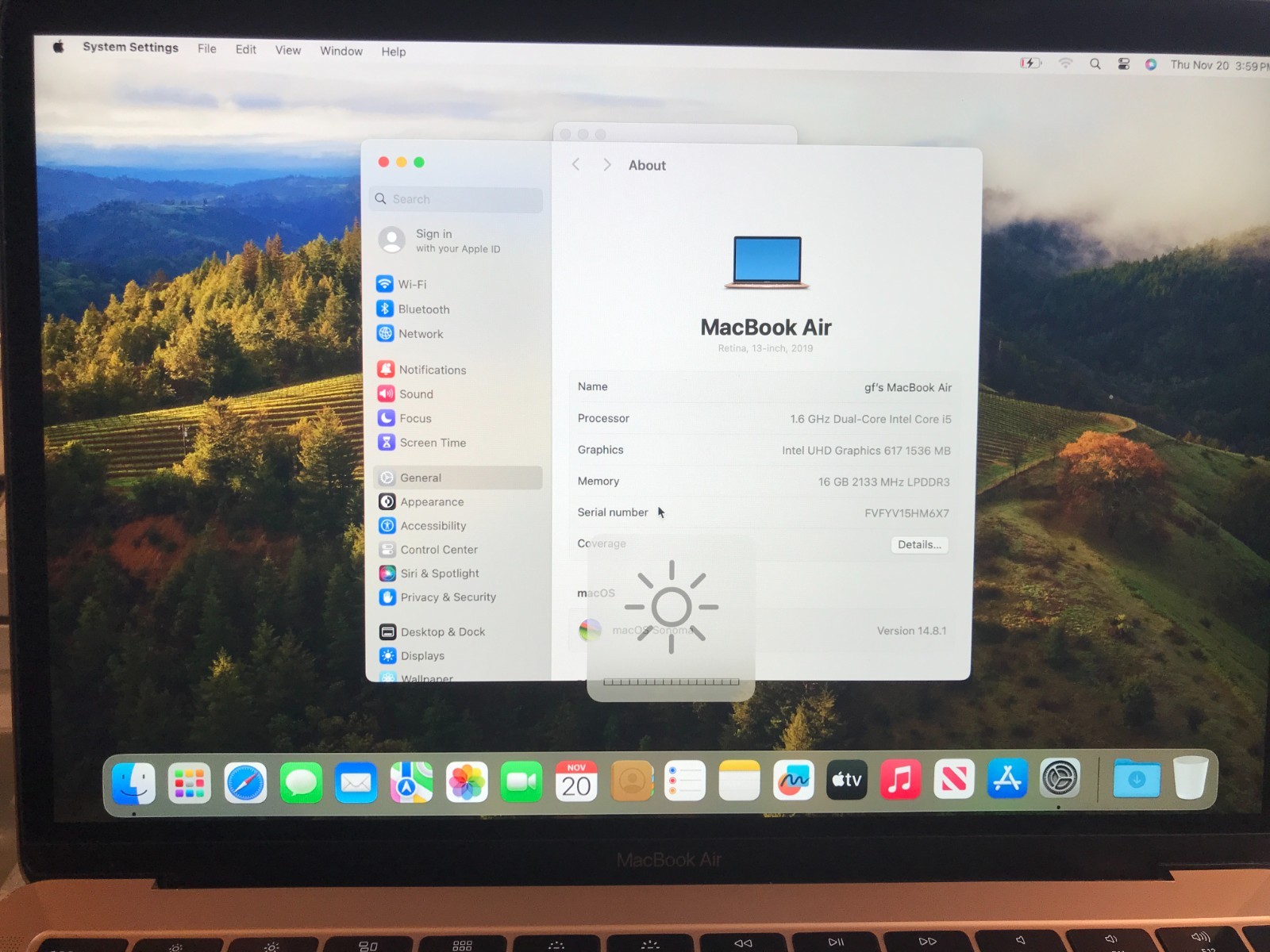 2019 Apple MacBook Air 13.3″ i5 1.6GHZ 16GB 512GB A1932 Gold Service Battery#962