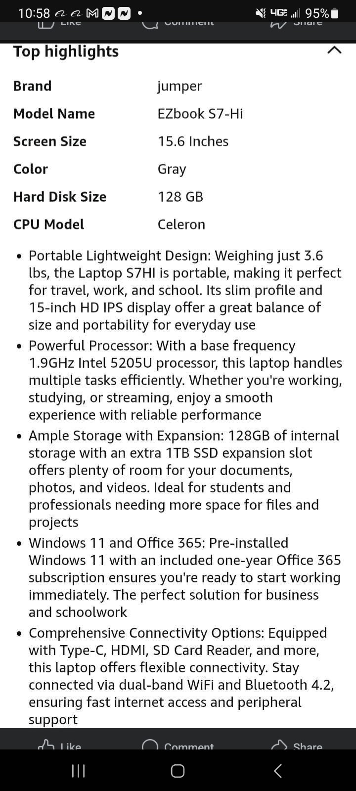 Grey: Jumper 15.6” EZbook S7-hi hds 128gb cpu celeron  Laptop