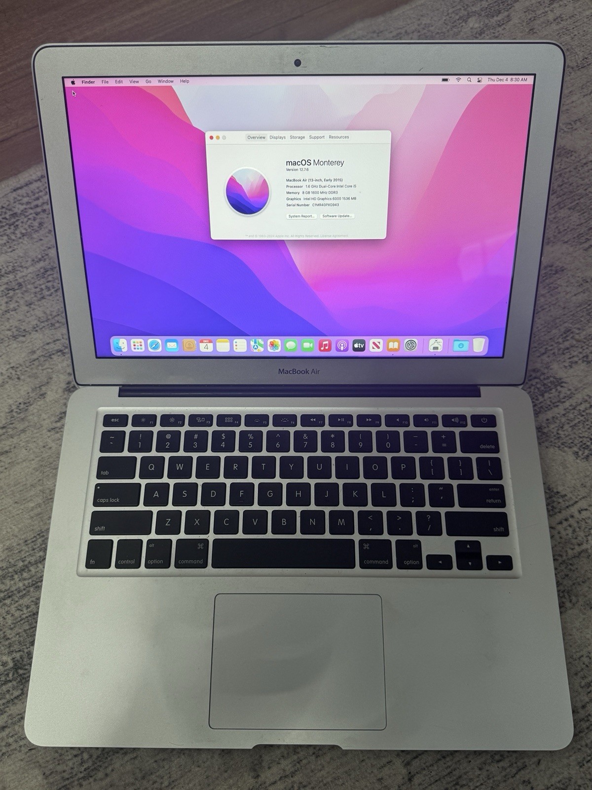 Apple MacBook Air 13″ EARLY 2015 i5  1.6GHz 8GB RAM 121GB SSD MacOS Monterey