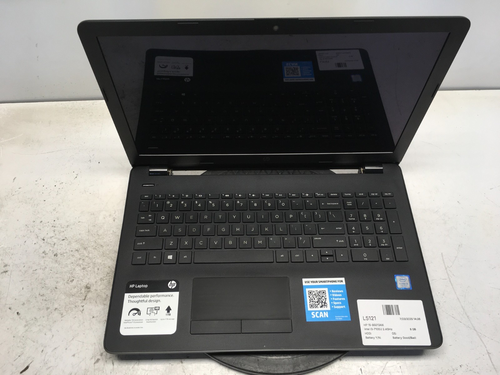 HP 15-BS013AX Laptop Intel Core i3-7100U 2.4GHz 8 GB Ram NO HDD/Battery