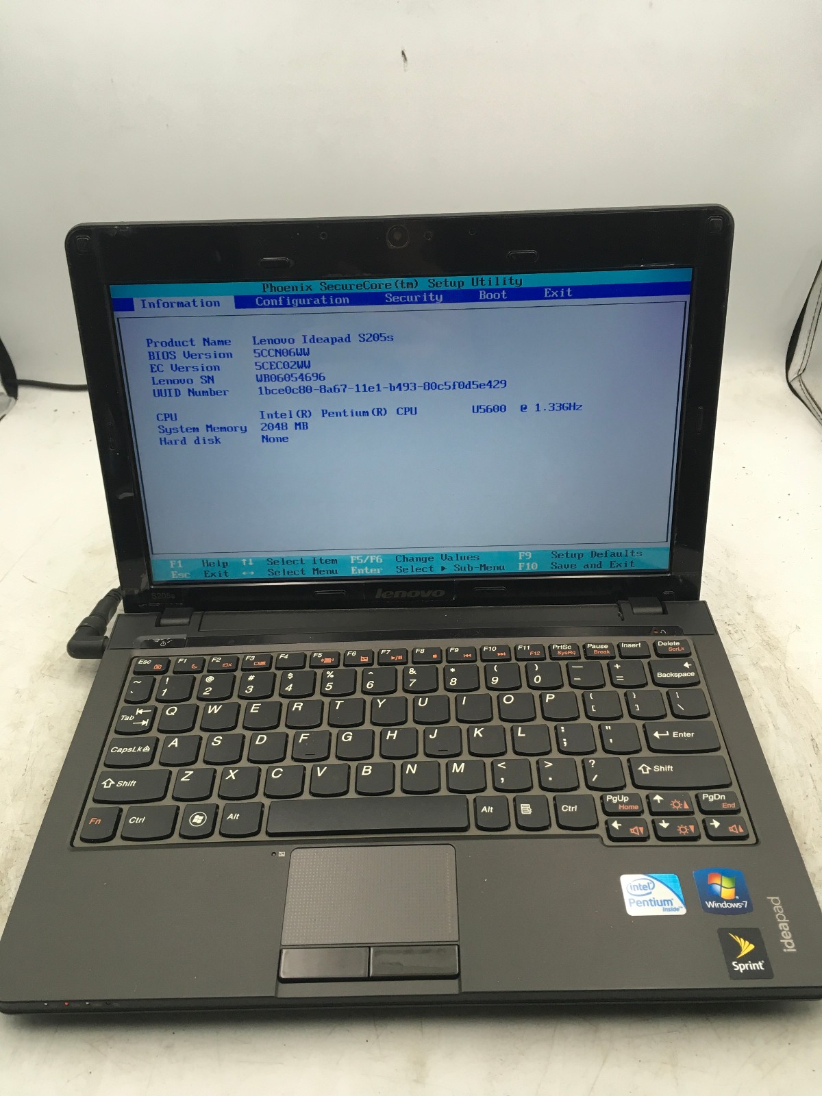 LENOVO IDEAPAD S205S – BOOTS TO BIOS – INTEL PENTIUM U5600 – 2GB RAM – READ – BB