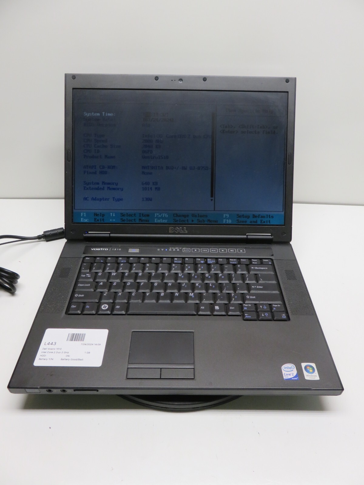 Dell Vostro 1510 Laptop Intel Core 2 Duo 1GB Ram No HDD or Battery