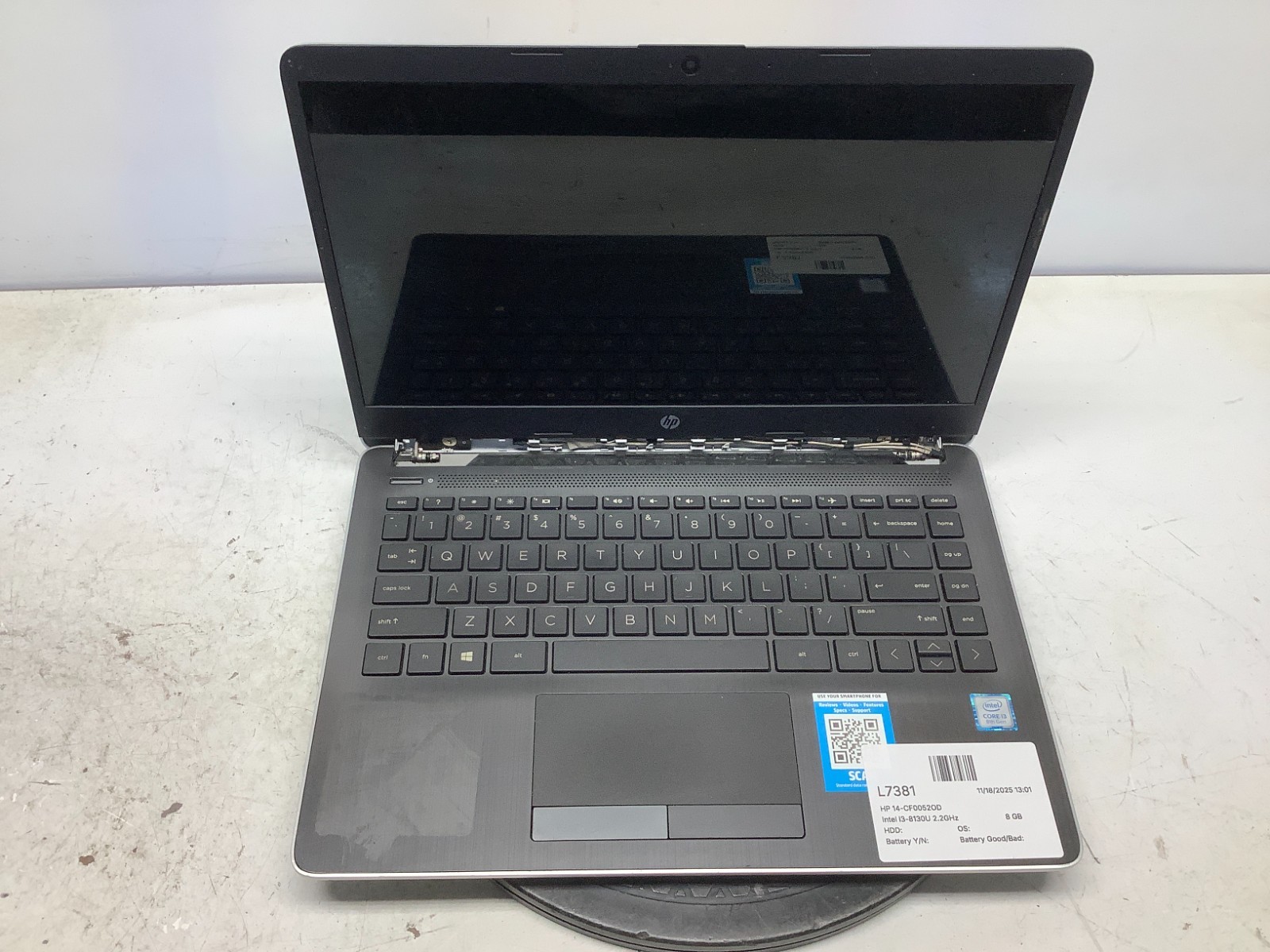 HP 14-CF0052OD Intel i3-8130U 2.2GHz 8 GB NO HDD