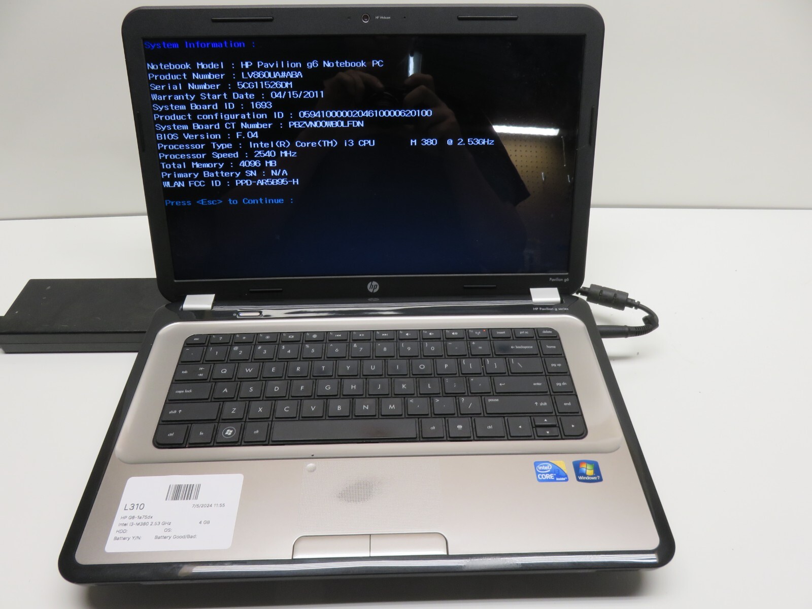 HP G6-1a75dx Laptop Intel Core i3-M380 4GB Ram No HDD or Battery