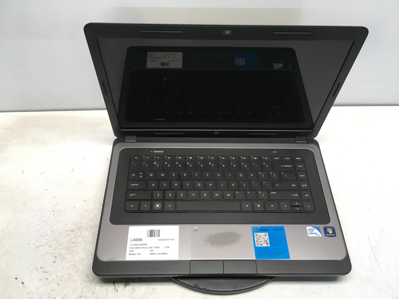 HP 2000-239WM Intel Celeron Dual-Core T3500 2.1GHz 3 GB NO HDD/Battery