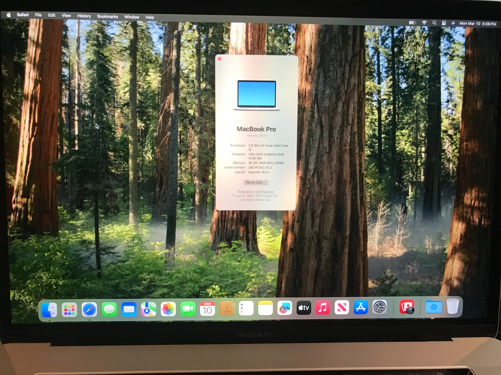 Apple MacBook Pro 15″ A1990 2019 I9  16GB 512GB Silver Bad Battery #203