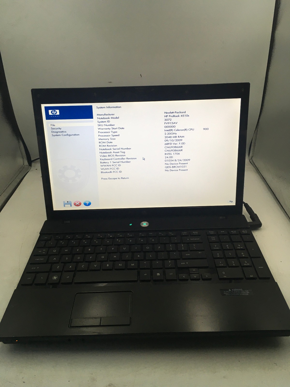 HP PROBOOK 4510S – BOOTS TO BIOS – INTEL CELERON 900 – 2GB RAM -READ DESCRIP- BB
