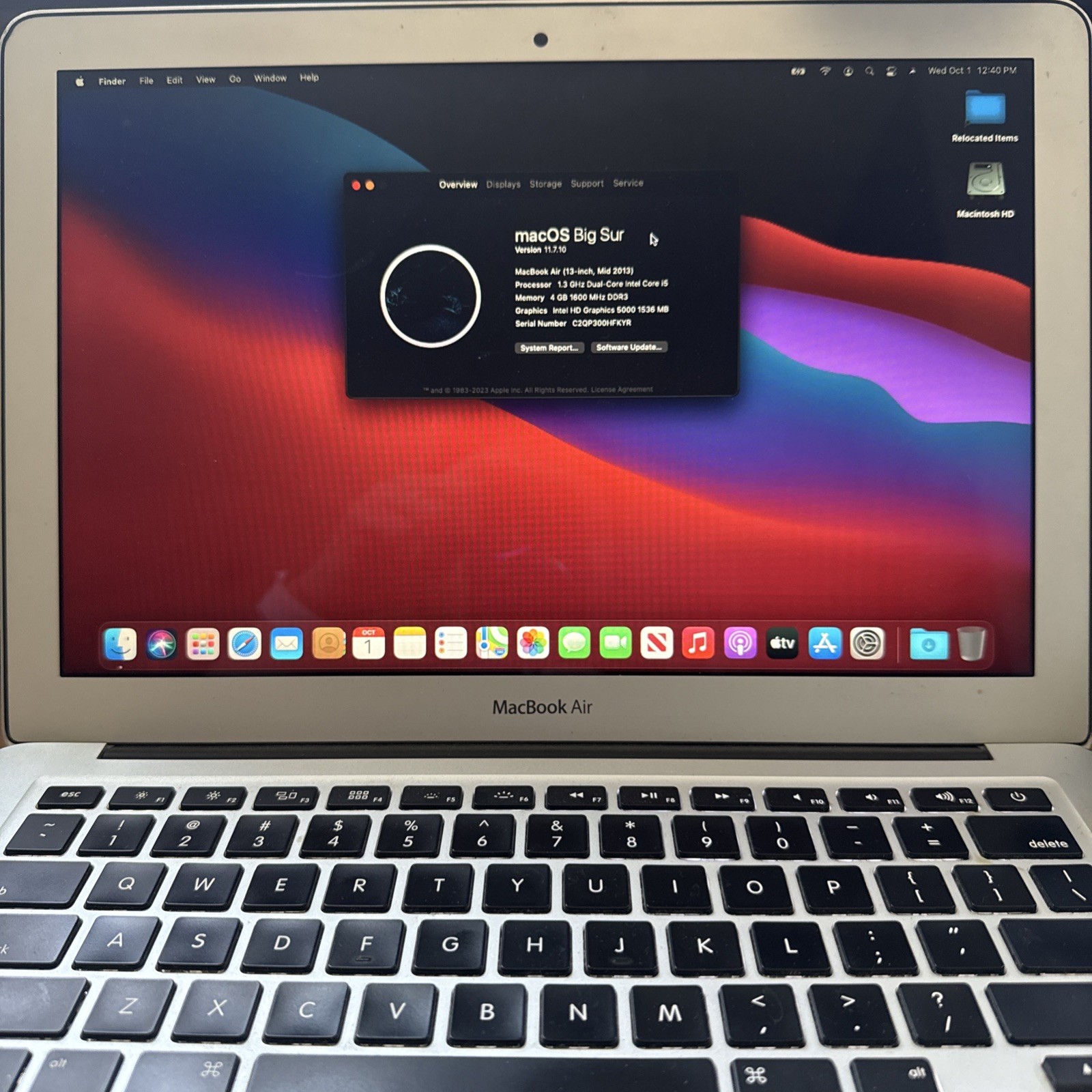 Apple MacBook Air A1466 2013 I5-4250U 1.3GHz 4GB 1600 MHz 256GB Silver 13.3 In.