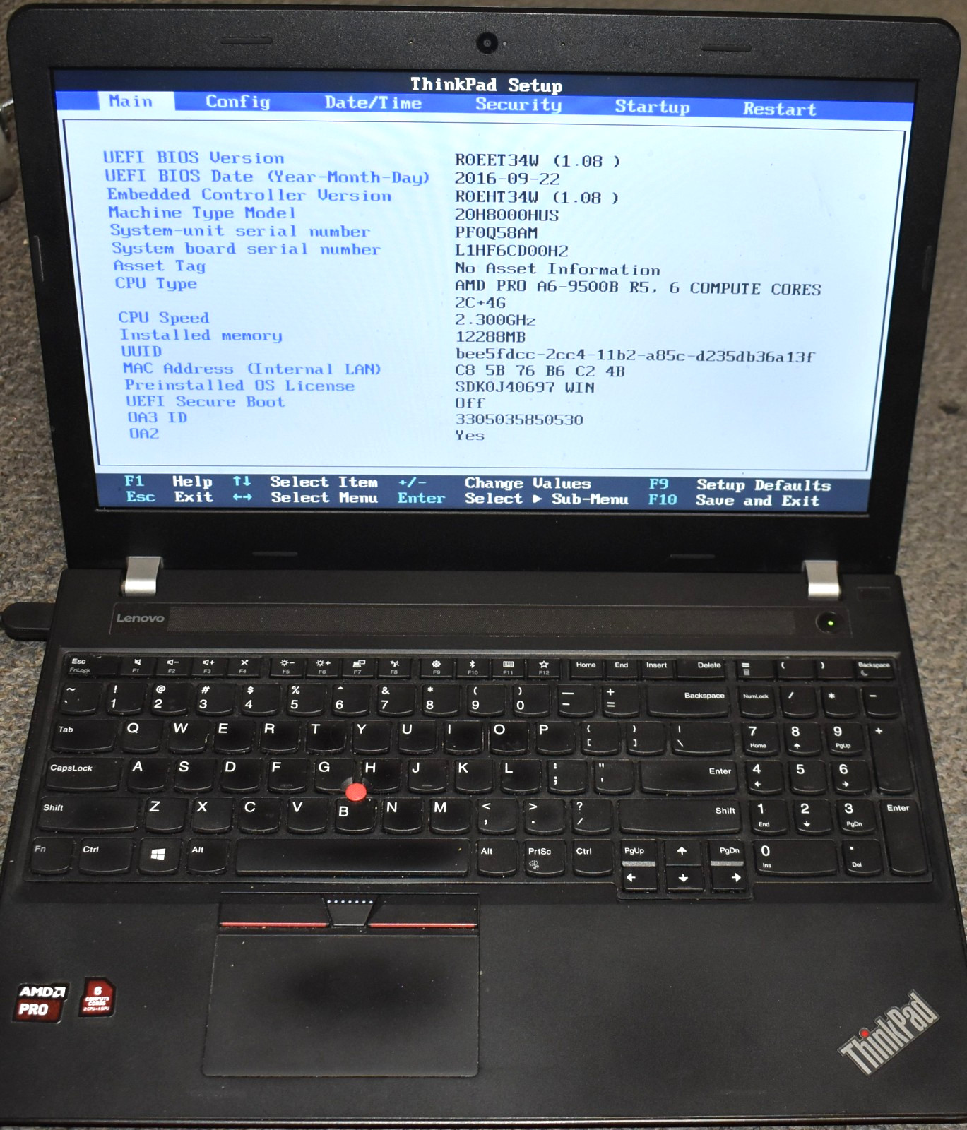 15.6″ Lenovo ThinkPad E575 AMD PRO A6-9500B R5 12GB RAM 256GB SSD Win 10 Pro