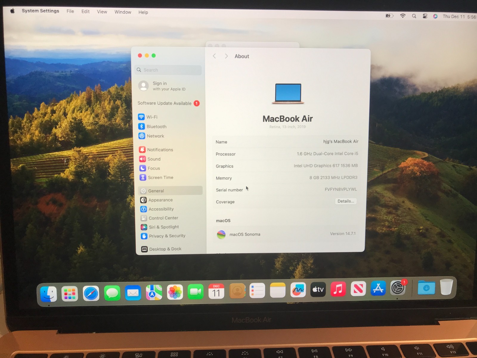 2019 Apple MacBook Air 13.3″  i5 8th  8GB 128GB A1932  Gold Service Battery #049