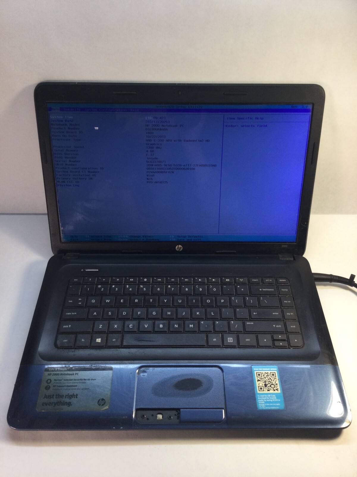 HP 2000 15″ Laptop AMD E-300 -BOOTS TO BIOS/LOUD FAN -MZ