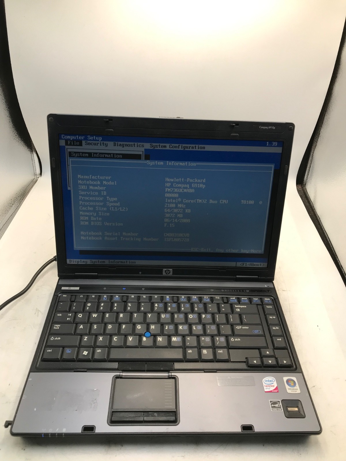 HP Compaq 6910p Intel Core 2 Duo 2.1GHz 14″ NO HDD-BOOTS BIOS-MZ