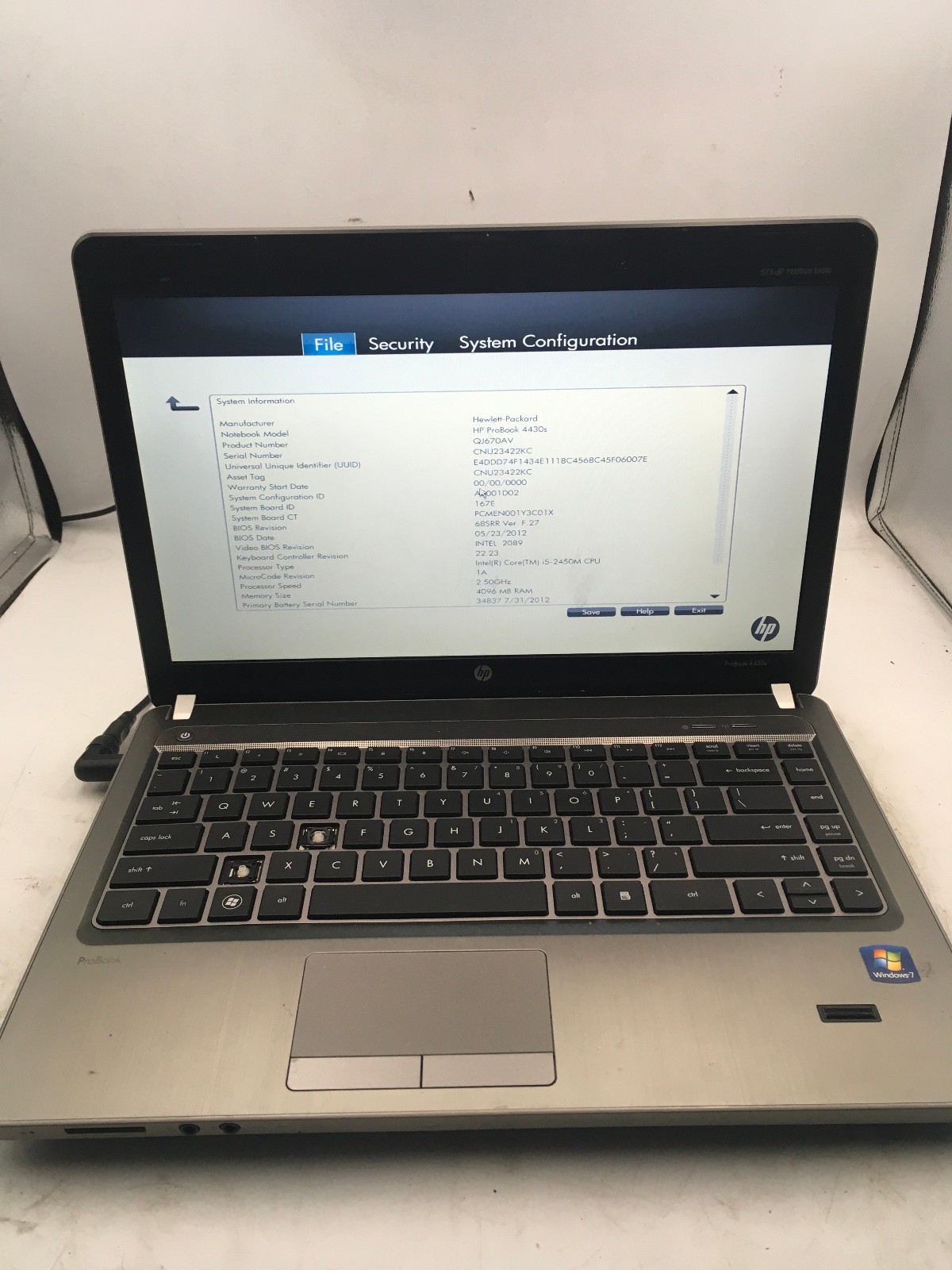 HP PROBOOK 4430s – BOOTS TO BIOS – INTEL I5 2450M – 4GB RAM -READ DESCRIPTION-BB